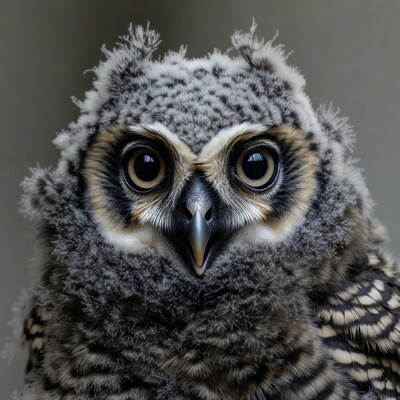Fluffy baby barred owl closeup