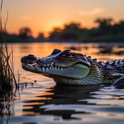 Crocodile in water at sunset