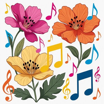 Colorful Flowers with Musical Notes Illustration