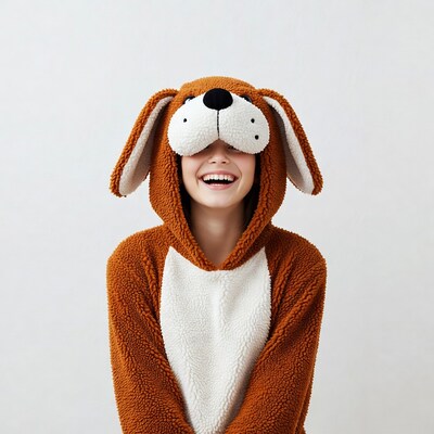 Girl smiling in brown dog onesie