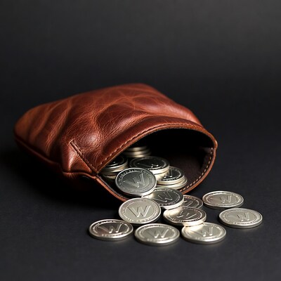 Brown leather pouch spilling coins