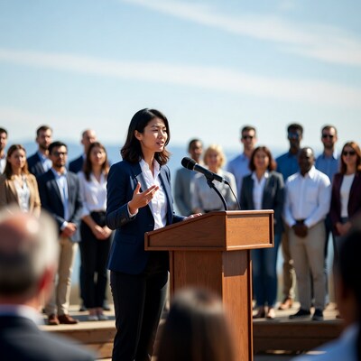 Asian woman speaking at podium