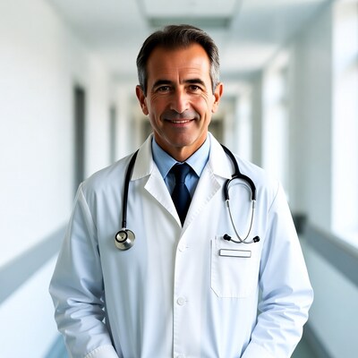 Smiling male doctor in hospital corridor