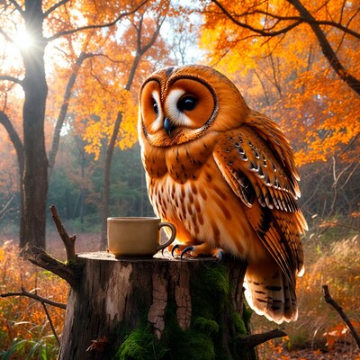 Owl sitting by teacup on stump