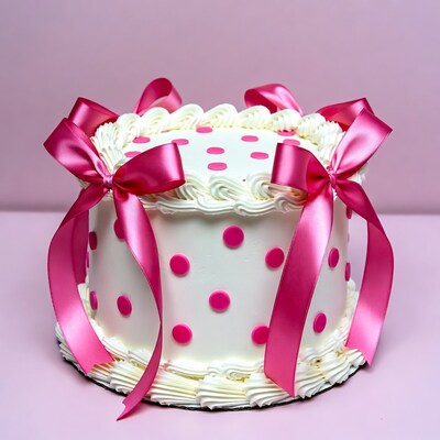 White polka dot cake with pink ribbons