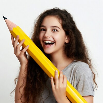 Girl holding giant yellow pencil