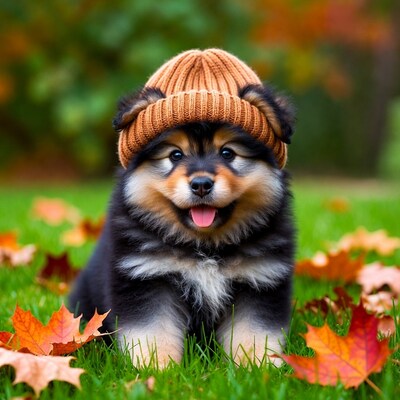 Puppy Wearing Orange Knit Beanie in Autumn Grass