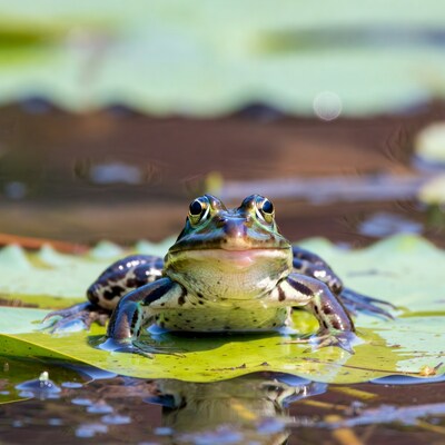Bullfrog on lily pad