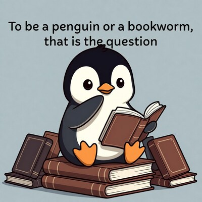 Cute Penguin Reading on Book Stack