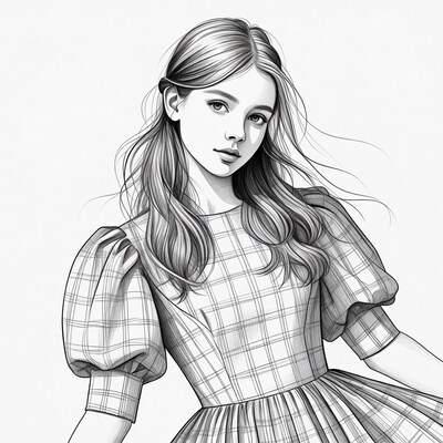 Girl in checkered puff sleeve dress