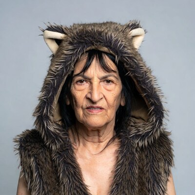 Elderly woman in wolf hood