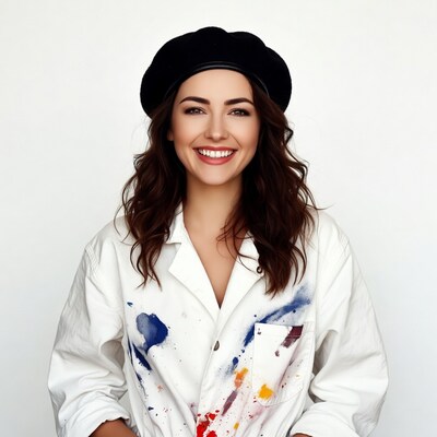 Woman in beret and paint-splattered smock