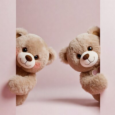 Two teddy bears peeking from sides