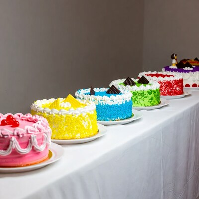 Colorful cakes on white table