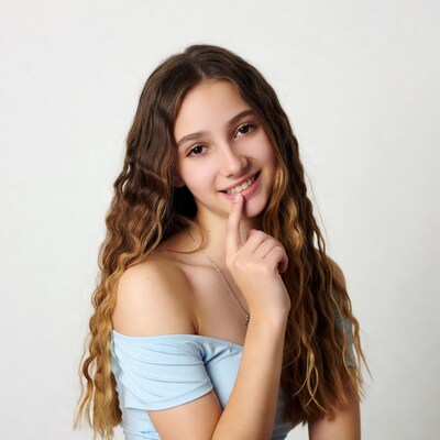 Teen girl finger on lips smiling
