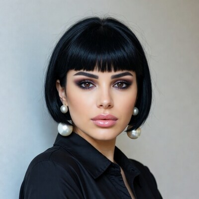 Woman with bob haircut and pearl earrings