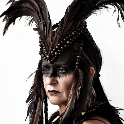 Woman in black feather headdress