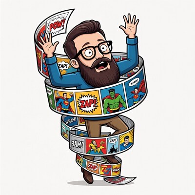 Bearded man in comic strip whirlwind