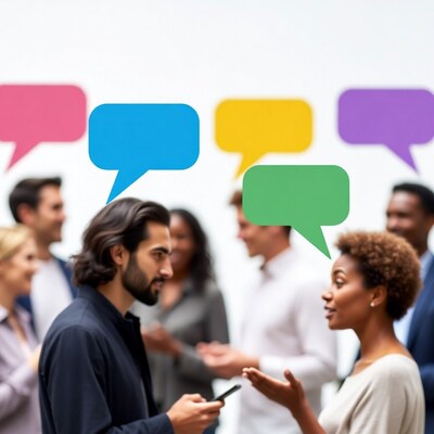 Diverse group discussing with speech bubbles