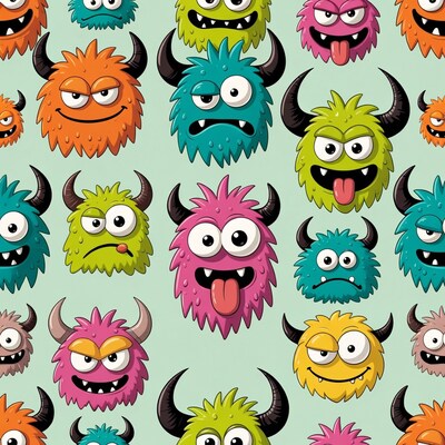 Colorful Cartoon Monster Faces Pattern