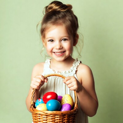 Girl holding Easter basket with eggs