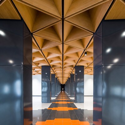 Wooden Triangular Ceiling in Modern Hallway