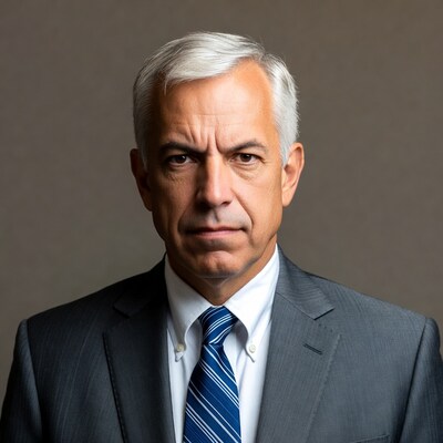 Elderly man in gray suit and blue tie