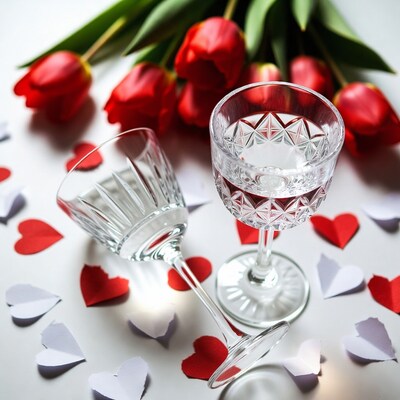 Red Tulips with Wine Glasses Hearts