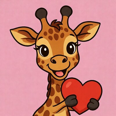Cute giraffe holding red heart