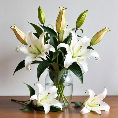 White lilies in glass vase on table