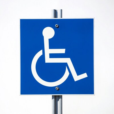 Blue wheelchair accessibility sign on pole