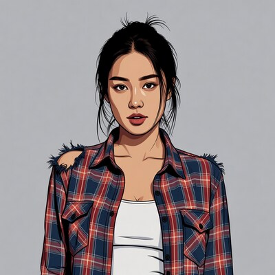 Asian woman in plaid shirt illustration