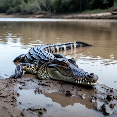 Crocodile resting on muddy riverbank
