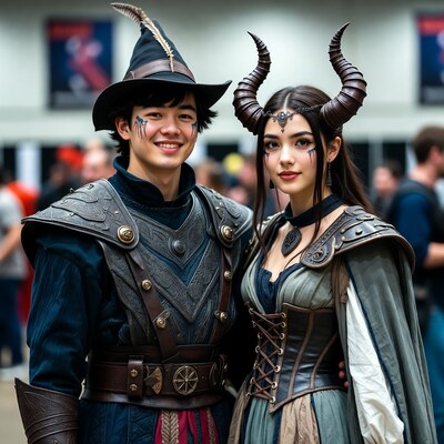 Asian couple in fantasy cosplay at convention