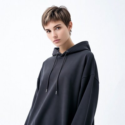 Woman with short hair in black hoodie