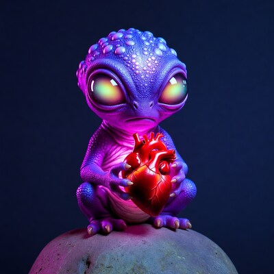 Purple Alien Holding Glowing Heart