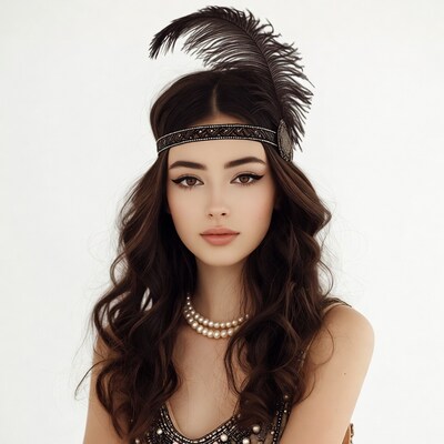 Woman in Flapper Headband and Beaded Dress