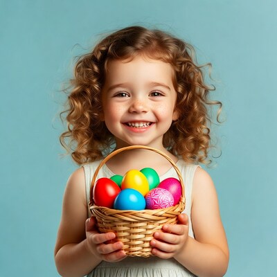 Girl holding Easter basket with eggs