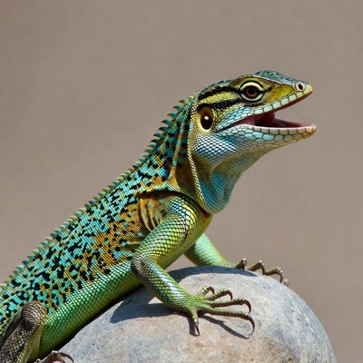 Green iguana lizard on rock