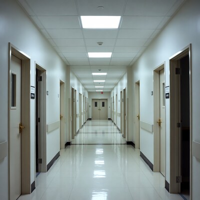 Empty Hospital Corridor with Doors