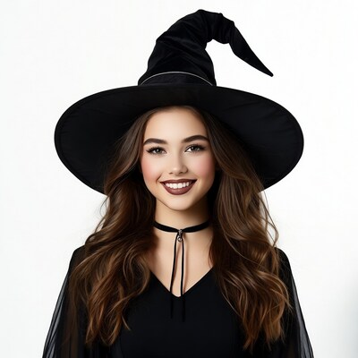 Young woman in witch hat smiling