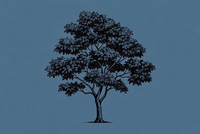 Black ink tree illustration on blue background