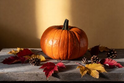 Pumpkin with autumn leaves and pinecones