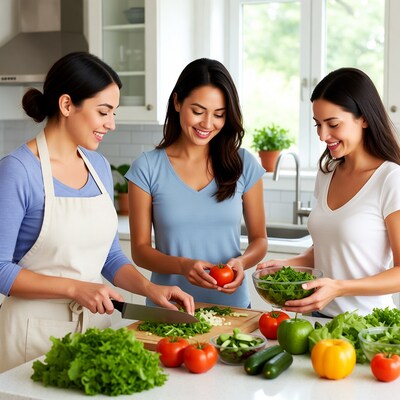 Three Latina women chopping vegetables in kitchen