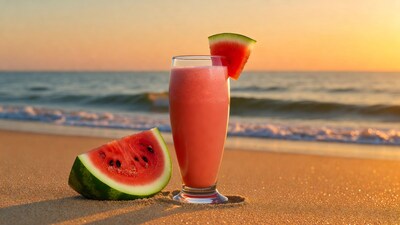 Watermelon Smoothie on Beach at Sunset