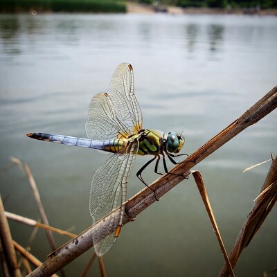 Dragonfly perched on reed by river