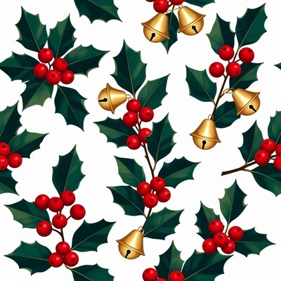 Holly Berries Bells Christmas Seamless Pattern