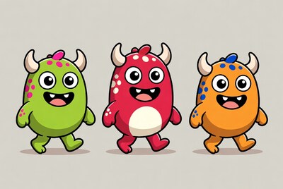 Three Cute Cartoon Monsters Walking