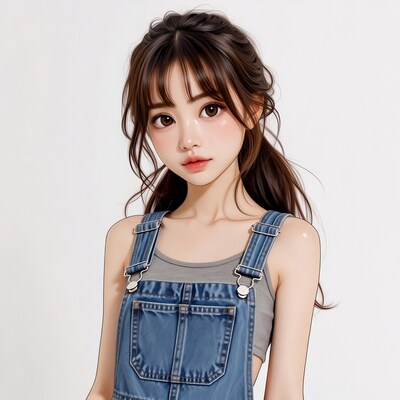 Asian girl in denim overalls