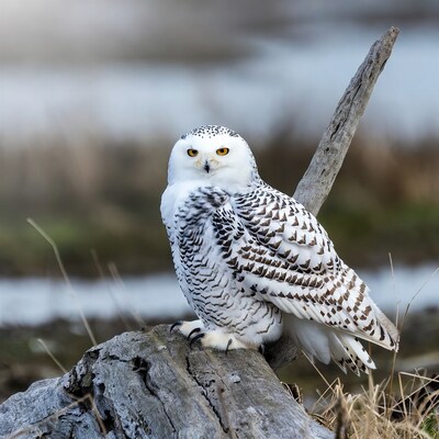 Snowy Owl Perched on Driftwood